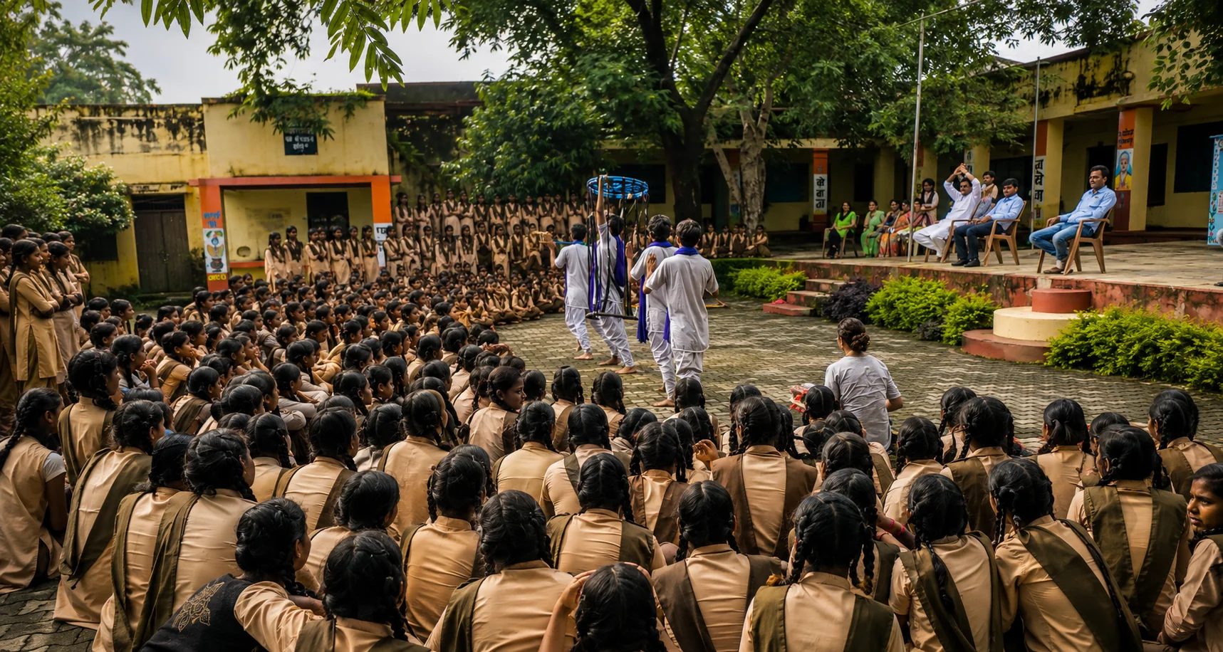 Extra An Organisation performing a community theatre intervention in a school courtyard, surrounded by students